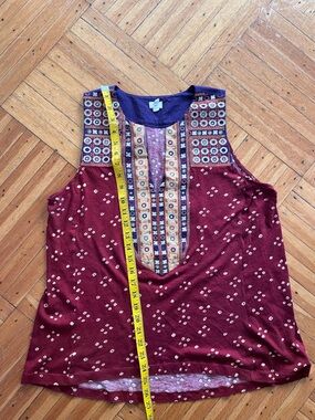 Anthropologie Embroidered Maroon Boho Tank with Patterned Yoke